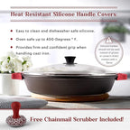 Cuisinel 15" Large Cast Iron Skillet + Glass Lid + Black Chainmail Scrubber - Dual Handle Braiser Frying Pan + Silicone Handle Covers - Pre-Seasoned Oven, Grill, Stovetop, Fire Indoor/Outdoor Cookware