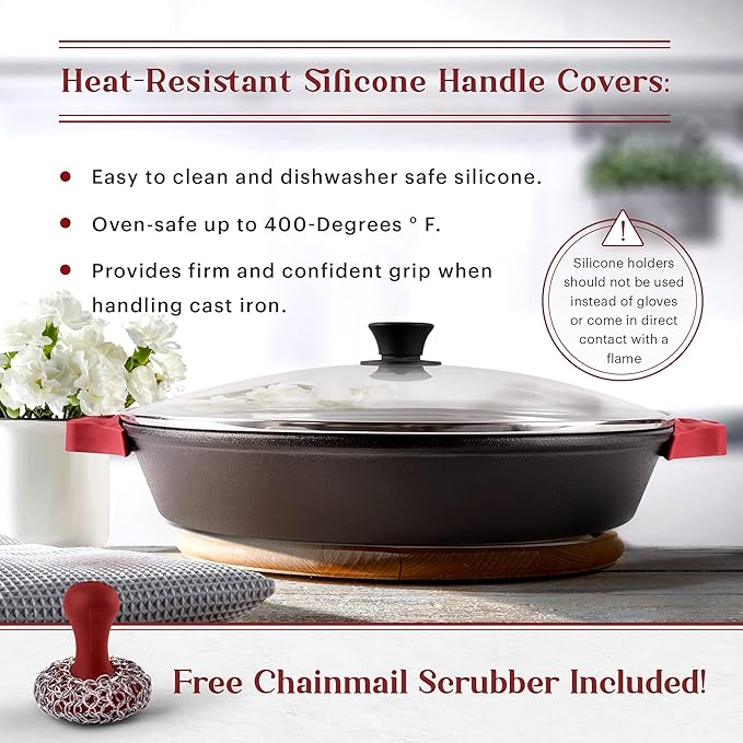 Cuisinel 15" Large Cast Iron Skillet + Glass Lid + Black Chainmail Scrubber - Dual Handle Braiser Frying Pan + Silicone Handle Covers - Pre-Seasoned Oven, Grill, Stovetop, Fire Indoor/Outdoor Cookware