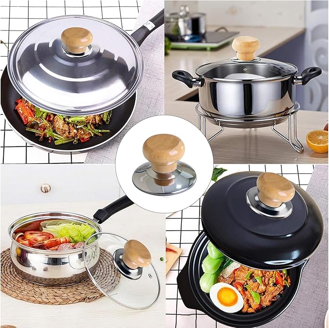 3 Pac Pot Lid Wood Knob, Universal Pot Lid Replacement Knobs,tempered glass pot lid pan cover with wood knob kitchen cooking-Great for Slow Cookers, Skillets and Kitchen Cookware Covers,
