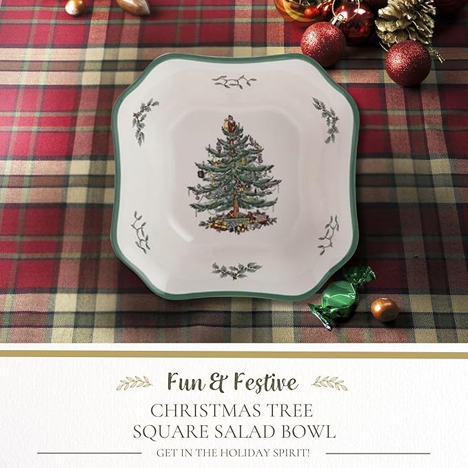 Spode Christmas Tree 9.5-Inch Square Salad Bowl - Ceramic Earthenware Serving Bowl for Salads, Soups, Pasta, and Side Dishes - Festive Holiday Dinnerware with Iconic Christmas Tree Design