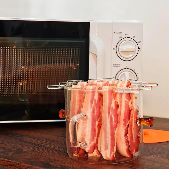 Microwave Bacon Cooker, 2 in-1 Glass Cooking Pot, Microwavable Bacon Grill with Silicone Lid, Grease Easy Clean