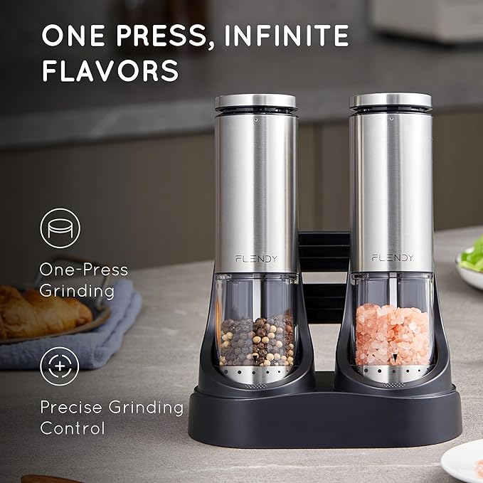 Electric Salt and Pepper Grinder Set Rechargeable, Automatic Salt and Pepper Grinder Set with Oversized Top Button, Stainless Steel Electric Salt and Pepper Shakers Set