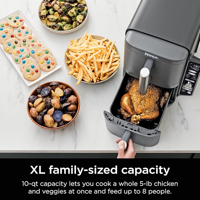 Ninja Air Fryer, 10QT DoubleStack XL 2-Basket, Compact Design, Cooks 5lb Whole Chicken, Feeds Up to 8 People, 6-in-1 Air Fryer, Roast, Bake & More, Easy to Clean, Dishwasher Safe Parts, Grey, SL401