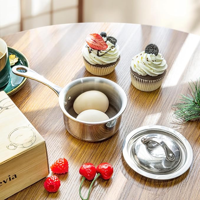 Macevia Mini Sauce Pan with Lid,Stainless Steel Butter Warmer Small Pot, For All Stoves Multipurpose Use for Home Kitchen or Restaurant (10.8oz/320ml) - Silver