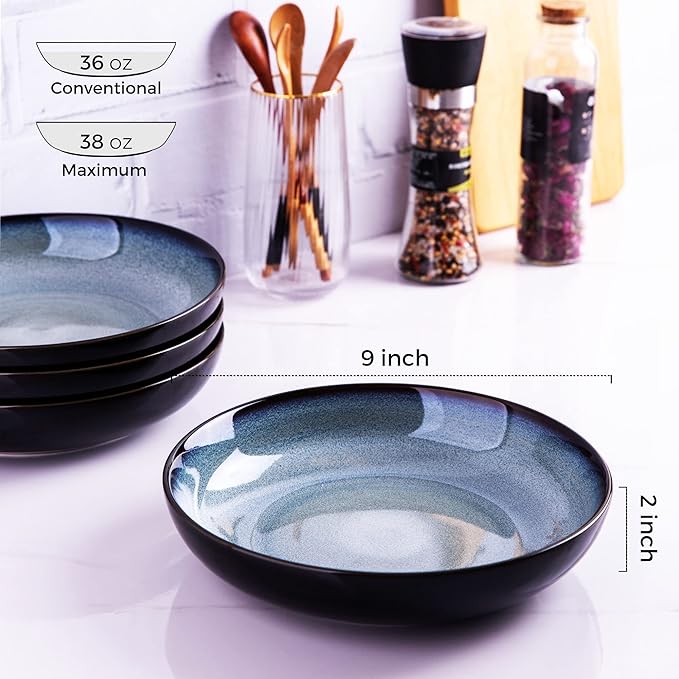 LERATIO Pasta Bowls,Ceramic 38oz Pasta Bowls,9.0" Reactive Glaze Pasta Bowl Set of 4,Microwave & Dishwasher,Oven Safe,Large Wide Serving Bowls for Salad, Dessert, Pizza, Fruit,Gray White