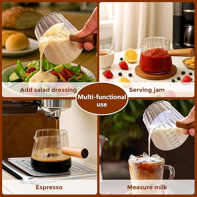 YARRAMATE 6 oz/180ML Glass Measuring Cup with Wooden Handle – Espresso Shot Cups, Ribbed Milk Frothing Pitcher, Dual Scale Markings, V-Shaped Mouth for Easy Pouring