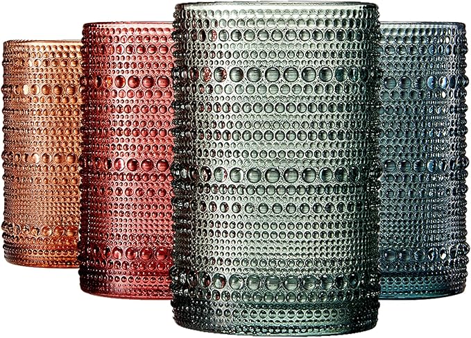 Khen Hobnail Beaded Highball Drinking Tumbler Glasses | Set of 4 | Color, Vintage Bubble Design Whiskey Glassware, Old-Fashioned, Embossed Design for Water, Wine, Cocktail Embossed, Rocks Glass