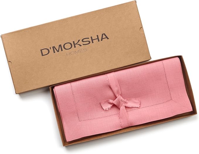 D'Moksha Homes Linen Dusty Pink Table Runner 48 Inches - Classic Hemstitch, 100% Pure Linen Coffee Table Runner 14 x 48 Inch Ideal for Dresser Tables - Summer, Fall and Halloween