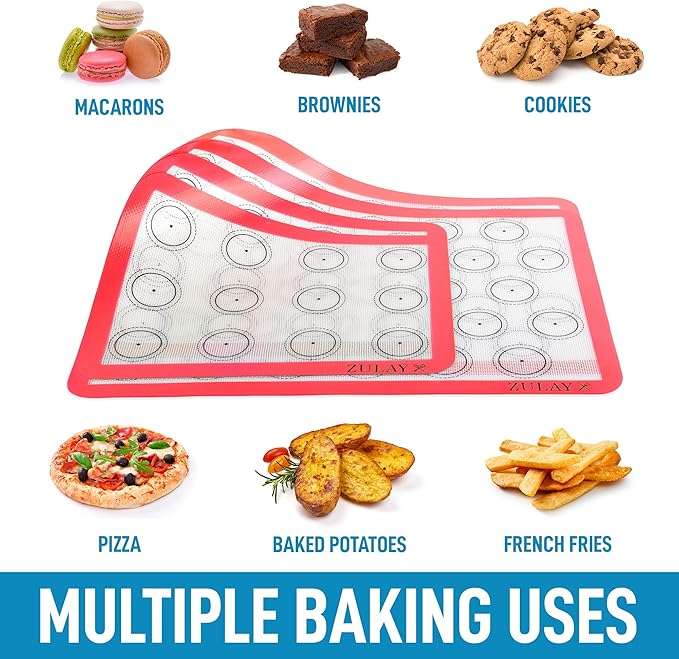 Zulay (Set of 4) Silicone Baking Mat - Macaron Silicone Baking Mats With Pre-printed Template Design - Non Stick & Reusable Silicone Baking Sheet - 2 Half Size + 2 Quarter Size (Red)