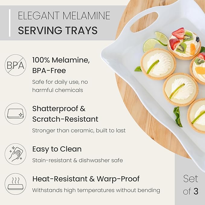 17" x 11" Melamine Large Plastic Serving Platters and Trays with Handles, Rectangular Serving Trays for Food, Dishes, Party - 3 Pcs