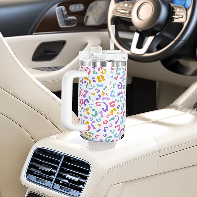 sweet grain 40 oz Tumbler with Handle and Straw, Keeps Drinks Cold Up to 24 Hours Leopard Tumbler, Stainless Steel Vacuum Insulated Travel Mugs for Water, Iced Tea or Coffee(Colorful)