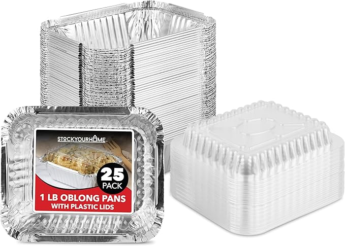 Stock Your Home 1 Lb Small Aluminum Pans with Lids (25 Pack) Foil Pans + Clear Plastic Lids, Disposable Cookware, Takeout Trays with Lids - To Go Disposable Food Containers for Restaurants & Catering