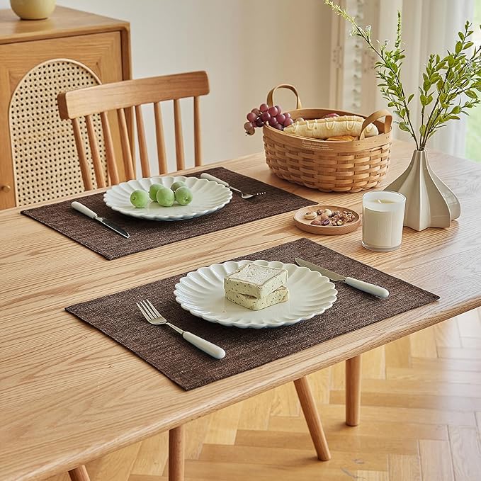 Softalker Faux Linen Placemats Set of 8-12 x 18 Inch, Heat Resistant Double Layered Durable Burlap Farmhouse Place Mats, Non-Slip Washable Rustic Table Mats for Dining, Kitchen, Party（Dark Brown