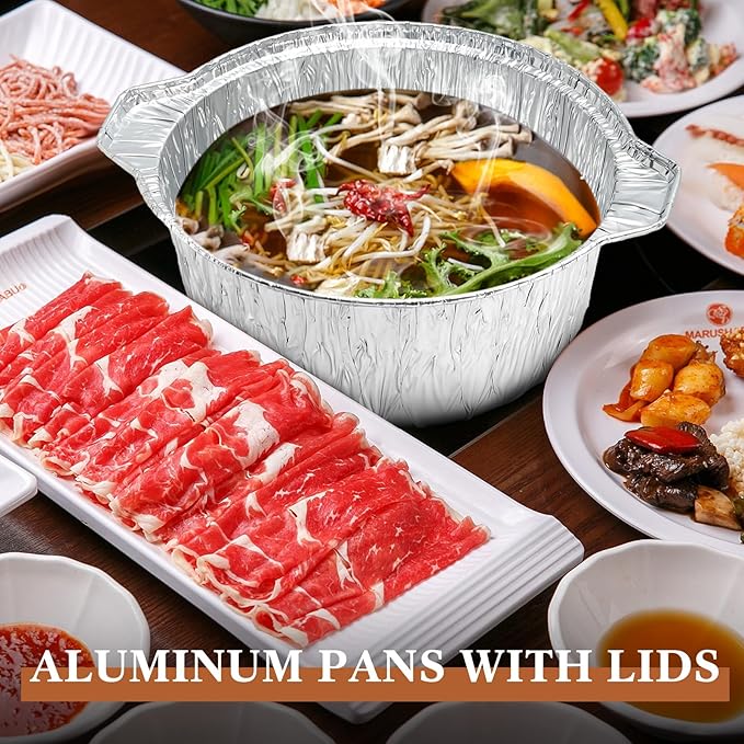 12 Pcs Disposable Aluminum Pot with Lid Round Foil Pans Disposable Cookware Food Container for Vacation Trips Camping Baking Heating Cooking (33.8 oz)