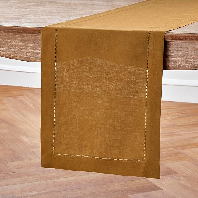 Solino Home Linen Table Runner 48 Inches - 100% Pure Linen Brown Sugar Hemstitch Table Runner 14 x 48 Inch Ideal for Dresser and Coffee Tables - Summer, Fall, Autumn - Classic Hemstitch