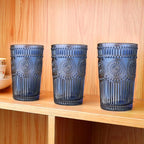 6pcs Vintage Drinking Glasses Set, 12 oz Blue Highball Glasses, Embossed Ribbed Glassware Cups for Cocktail, Water, Juice, Coffee, Whiskey