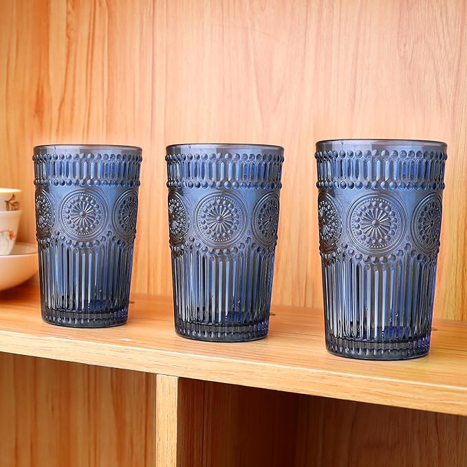 6pcs Vintage Drinking Glasses Set, 12 oz Blue Highball Glasses, Embossed Ribbed Glassware Cups for Cocktail, Water, Juice, Coffee, Whiskey