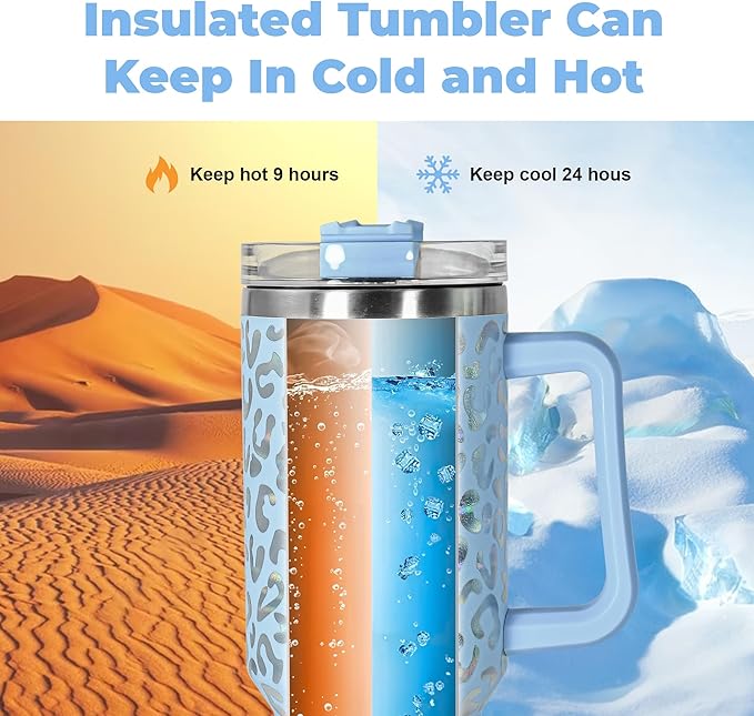 sweet grain 40 oz Tumbler with Handle and Straw, Stainless Steel Blue Leopard Print Tumbler and Straw Lid, Double Vacuum Cheetah Cup, Keeps Drinks Cold Up to 24 Hours