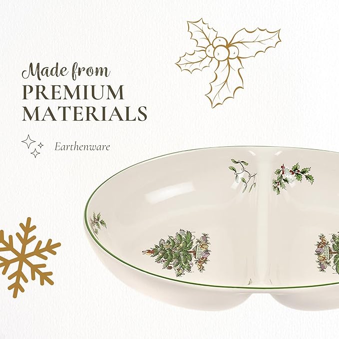 Spode Christmas Tree Divided Dish - 11.5" Festive Serving Tray for Holiday Parties, Seasonal Events - Fine Earthenware, Decorative Christmas Dinnerware, Microwave & Dishwasher Safe