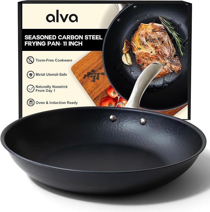 Alva Black Angus 11” Carbon Steel Frying Pan – Naturally Nonstick, PFAS-Free & Toxin-Free, Oven & Induction Safe, Chef-Grade Heat Control, Built to Last a Lifetime, Designed in Belgium