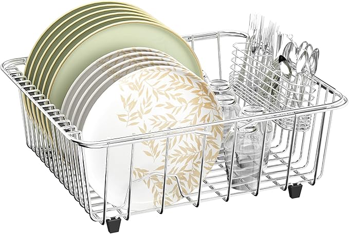 JAQ Dish Drying Rack in-Sink, 304 Stainless Steel Dish Drainer with Stainless Steel Silverware Holder Over Inside Sink-Adjustable 15.16" to 20.59" Maximium 13 Upright Dishes