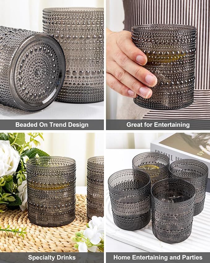 YOUBET 24PCS Plastic Drinking Glasses - 14OZ Black Hobnail Drinkware Glasses - Vintage Glassware Textured Beaded Cups for Water, Beer, Whiskey, Juice and Various Mixed Drinks, halloween