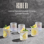 Hobnail Beaded Lowball Drinking Tumbler Glasses | Set of 6 | Clear, Vintage Bubble Design Whiskey Glassware, Old-Fashioned, Embossed Design, Water, Wine, Cocktail Embossed Heavy Glass, Rocks Glass