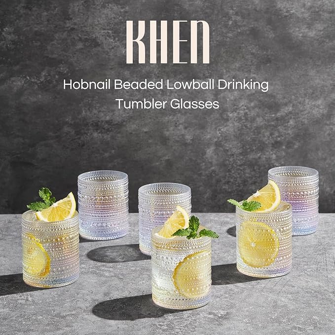 Hobnail Beaded Lowball Drinking Tumbler Glasses | Set of 6 | Clear, Vintage Bubble Design Whiskey Glassware, Old-Fashioned, Embossed Design, Water, Wine, Cocktail Embossed Heavy Glass, Rocks Glass