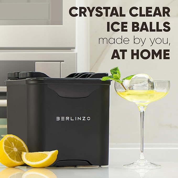 Berlinzo Premium Clear Ice Ball Maker Mold - 4 Large 2.1-inch Crystal Clear Ice Spheres for Whiskey & Cocktails - Easy-to-Remove Ice Round Mold - Storage Bag & Silicone Inserts Included (Non-Electric)