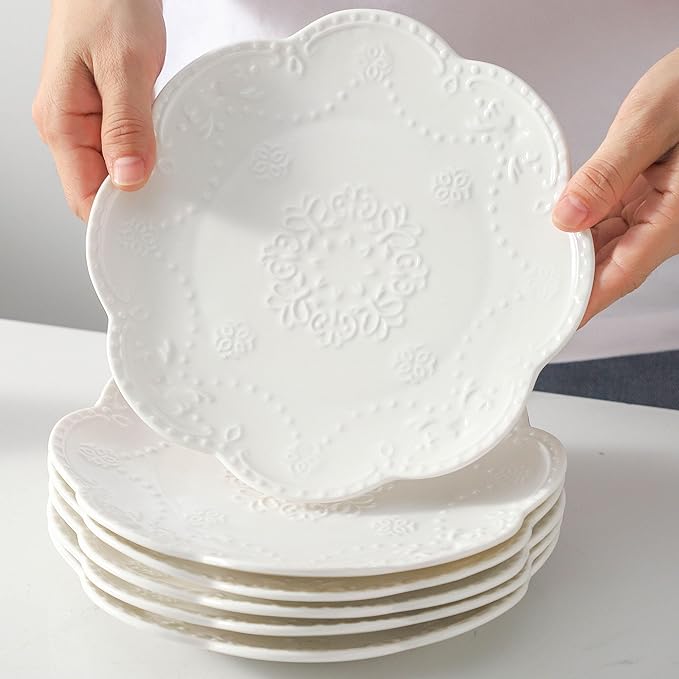 Neaylfe 6-Piece Embossed Ceramic Salad Plates, 8 Inch White Dinner Plates for Kitchen, Lightweight Round Plates, The Dessert, Salad, Appetizer, Small Lunch, etc Plate