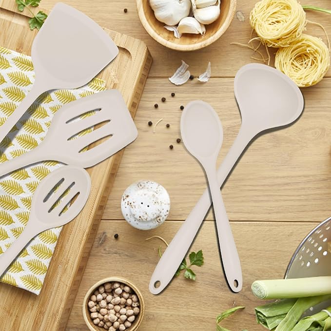 E-far 10 Pieces Silicone Cooking Utensils Set, Heat Resistant Kitchen Utensil Set for Nonstick Cookware, Kitchen Cooking Tools with Spatula, Spoon, Slotted Turner, Non-Toxic & Dishwasher Safe (Khaki)