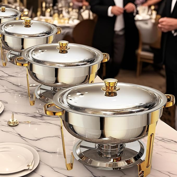 Chafing Dishes for Buffet 6 Pack, 6QT Round Chafing Dish Buffet Set Stainless Steel Buffet Food Warmers Sets for Catering Events Parties Dinners with Complete Set,Gold and Silver