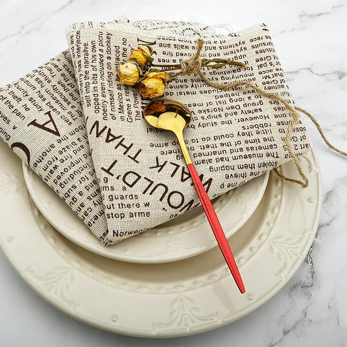 24Pcs Gold Mirror Silverware Flatware With Red Handle, 18/0 Stainless Steel Cutlery Set Utensils Kitchen Dinnerware Include Knife Fork Spoon and Teaspoon, Service for 4