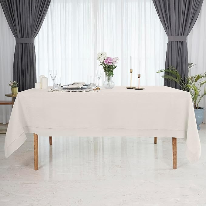 D'Moksha Homes Light Natural Linen Tablecloth 54 x 72 Inch - 100% Pure Linen Natural Table Cloth for Rectangle Tables - Classic Hemstitch, Machine Washable Tablecloth for Summer, Fall and Halloween