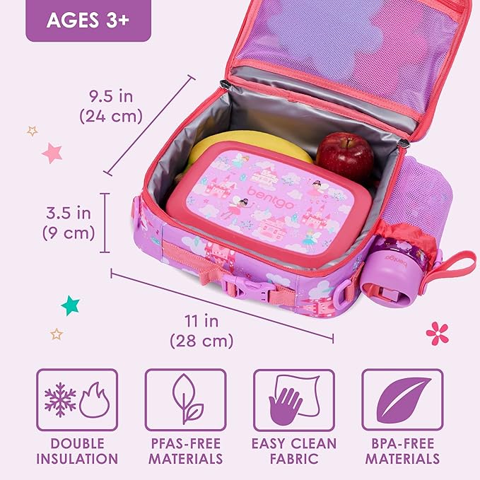 Bentgo Kids Lunch Bag - Durable, Double-Insulated Lunch Bag for Kids 3+; Holds Lunch Box, Water Bottle, & Snacks; Easy-Clean Water-Resistant Fabric & Multiple Zippered Pockets (Fairies)