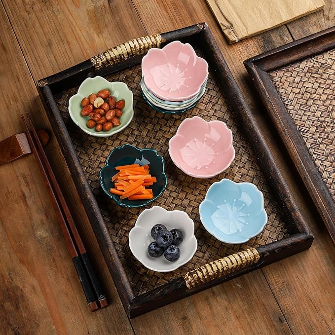 WHJY Blue Cherry Blossom Dish Set, Cute Pink Ceramic Plates, Sauce/Seasoning Dish, Sushi Dishes, Soy Dipping Bowl, Dessert, Appetizer Plates, Serving Dish for Kitchen Home – Set of 5