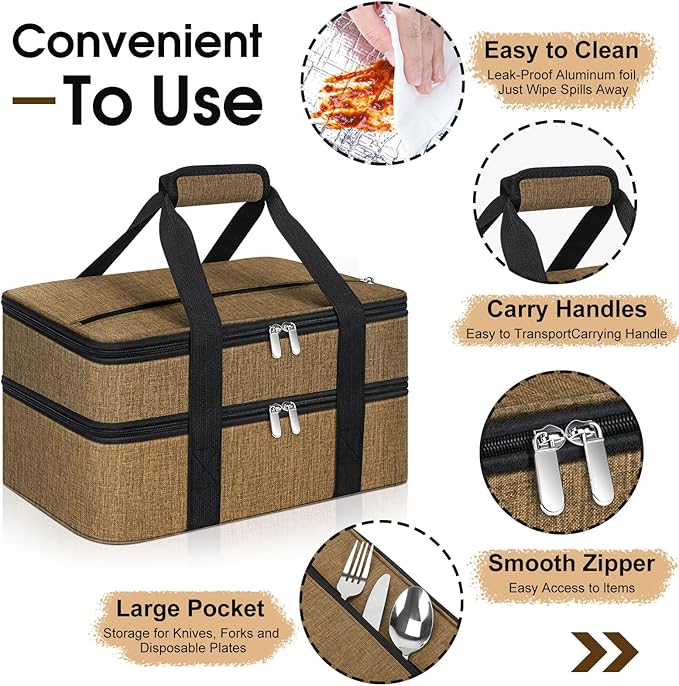 Double Insulated Casserole Carrier, Portable Casserole Carrier for Hot or Cold Food Lunch Tote Warmer or Cooler Bag, Lasagna Lunch Bag for Potluck Parties- Fits 9" x 13" Baking Dish-Coffee