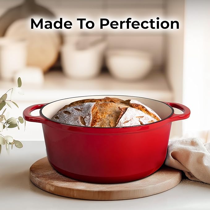 Zulay Kitchen 7.7 Quart Enameled Cast Iron Dutch Oven with Lid, Silicone Trivet & Heat Pad – Premium Durability & Oven Safe up to 500°F – Heavy Duty Cookware Perfect for Bread Baking, Stews, Braising & Roasting – Red