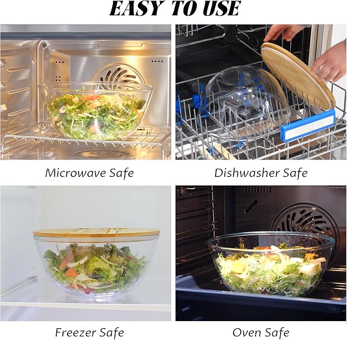 10.6" Glass Salad Bowl with Sealed Lid, 4.7 Quart Large Capacity Serving and Mixing Bowls with Utensils, Versatile Serving Dish for Salads, Trifle, Fruits, Pasta, Microwave Safe