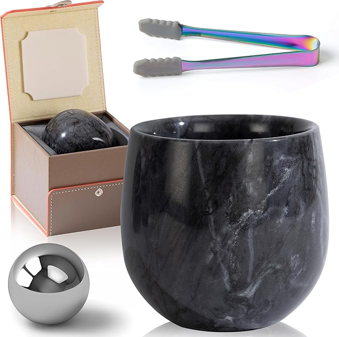 Large Marble Whiskey Glasses, Bourbon Gifts for Men, Old Fashioned Bourbon Drinking Glass Freezable, Christmas, Anniversary, Birthday Gifts (Black plus)