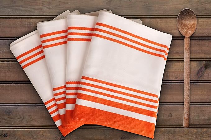 Urban Villa Kitchen Towels 100% Cotton Pack of 6, Highly Absorbent Quick Drying Super Soft Premium Dish Towels for Kitchen with Hanging Loop Hand & Tea Towels - 20x30 Inch, (Orange & White, Striped)