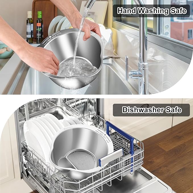 KesaPlan Rice Washer Strainer Bowl, 4-in-1 Washer Bowl Stainless Steel Rice Rinser Strainer Sink Colanders With Side Drainers for Cleaning Fruits, Vegetables, and Beans, Versatile Kitchen Tool