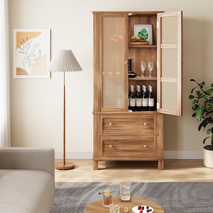 Garvee Pantry Cabinet, 72" Kitchen Pantry Storage Cabinet, Modern Farmhouse Kitchen Cupboard with Large Drawer, 2 Cabinets, 4 Adjustable Shelves, Freestanding Rattan Hutch for Dining Room Living Room