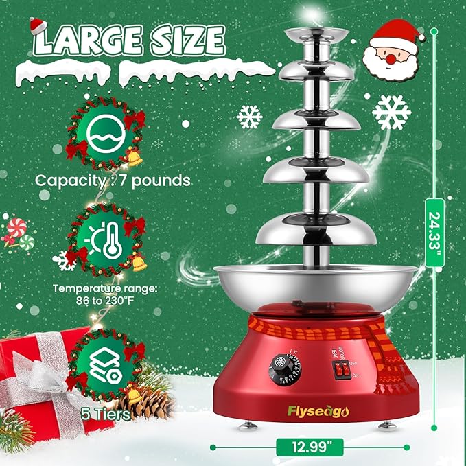Chocolate Fountain Commercial Hot Chocolate Fondue Tower 5 Tier 7-Pound Large Capacity Stainless Steel Chocolate Melting Heating Machine for Nacho Cheese Liqueurs Party Wedding (Vintage Red)