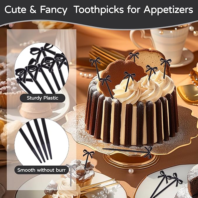 100Pcs Bow Cocktail Picks Party Toothpicks Christmas Black Plastic Fruit Skewers Bow Drink Stirrers Cupcake Toppers Fancy Toothpick for Appetizers Drinks Wedding Coquette Birthday Bow Party Decor
