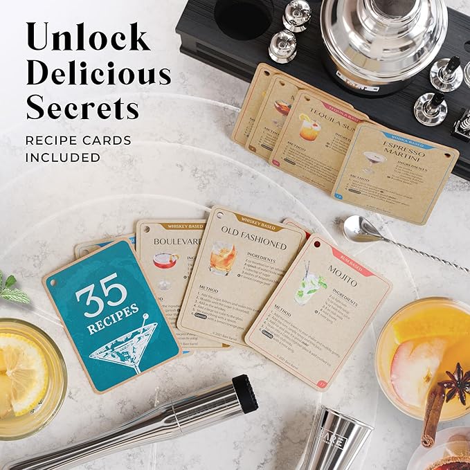 BARE BARREL® Mixology Bartender Kit Bar Set | 16-Piece Cocktail Shaker Set | Martini Barware Mixing Tools for Home Bartending | Incl. 35 Recipe Cards | Gift Set (24oz Cobbler Shaker, Silver/Black)