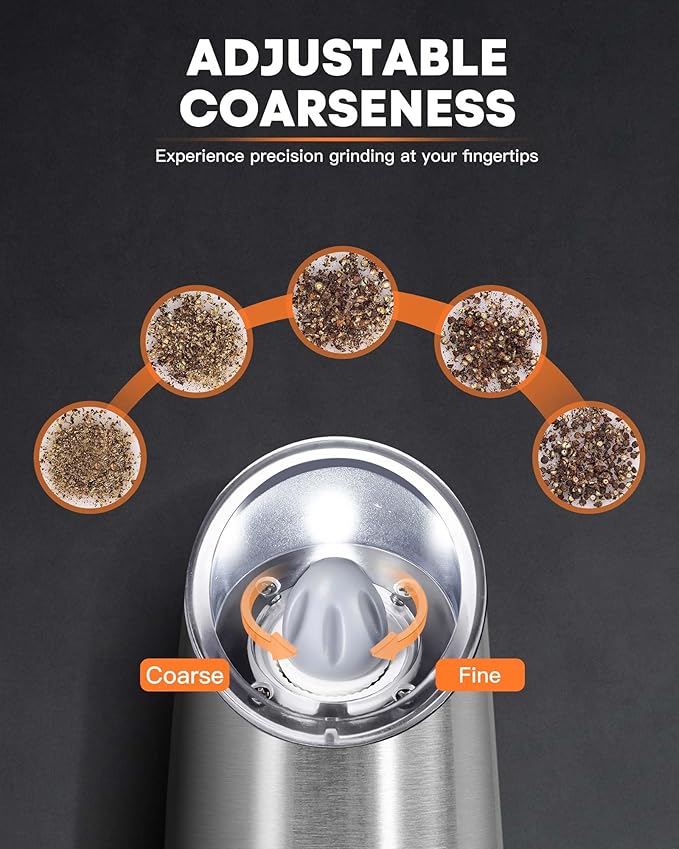 AmuseWit Gravity Electric Pepper Mill or Salt Grinder Mill [White Light] USB Rechargeable Automatic Pepper Grinder, Adjustable Coarseness, One-Handed Operation, Stainless Steel