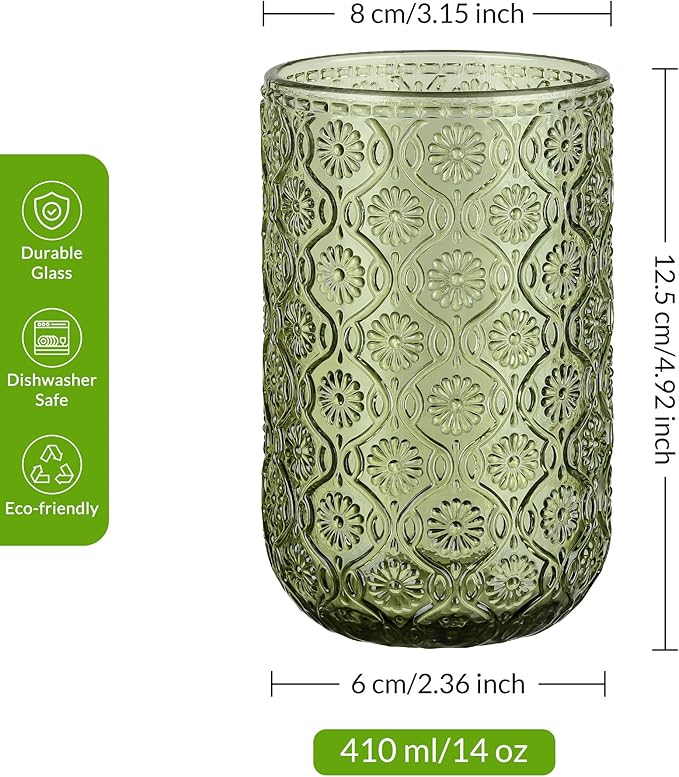 Joeyan Vintage Green Drinking Glasses,Embossed Floral Highball Glass Water Tumbler,14 oz Colored Beverages Juice Cocktail Beer Wine Glassware Cups,Set of 4,Dishwasher Safe