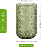 Joeyan Vintage Green Drinking Glasses,Embossed Floral Highball Glass Water Tumbler,14 oz Colored Beverages Juice Cocktail Beer Wine Glassware Cups,Set of 4,Dishwasher Safe