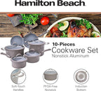 Hamilton Beach Cookware Set, 10-Pieces, Pots, Pans, and Glass Lids, Nonstick PFOA-Free, PTFE-Free Ceramic Interior, Heavy-Duty Aluminum Construction, Modern Matte Gray, Professional Tapered Shape